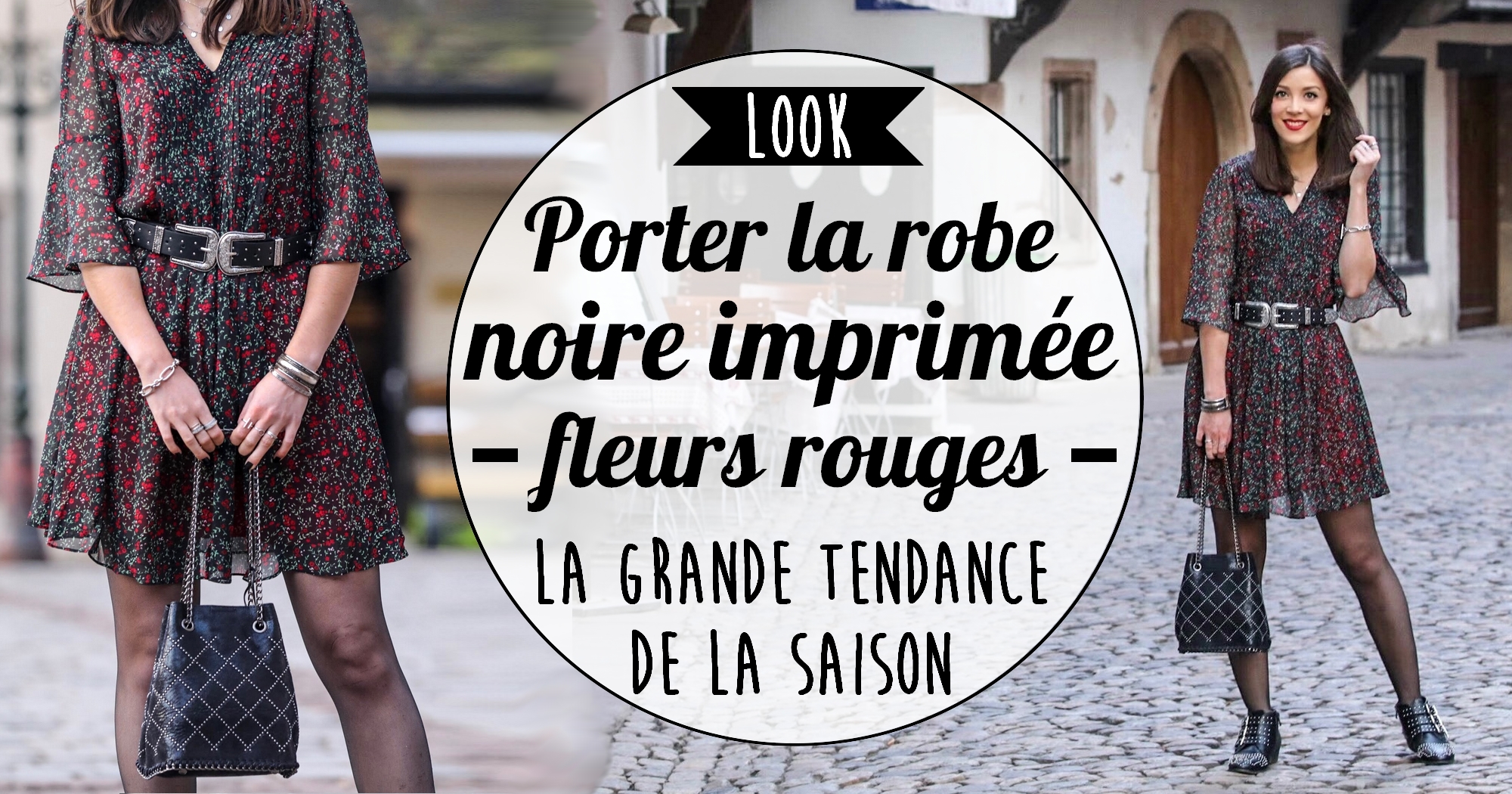 Look : porter la petite robe noire à fleurs rouges